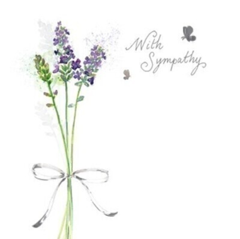 With Sympathy Lavender Greetings Card by Paper Rose This Sympathy greetings card features stems of lavender on a white backdrop and With Sympathy in silver written on the front.  This thoughful card is ideal to send to someone who has lost someone special and has been left blank inside for you to write your own message. It comes complete with an envelope and is a lovely card designed by Avocado Designs from Paper Rose.